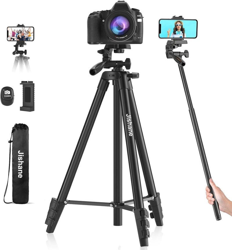 Jishane 71" Camera Tripod, Versatile Cell Phone Tripod with Wireless Remote Phone Holder and Carry Bag, Lightweight Portable Camera Tripod Stand Compatible with Smartphone Cameras, Max Load 6.6 lbs - Image 1